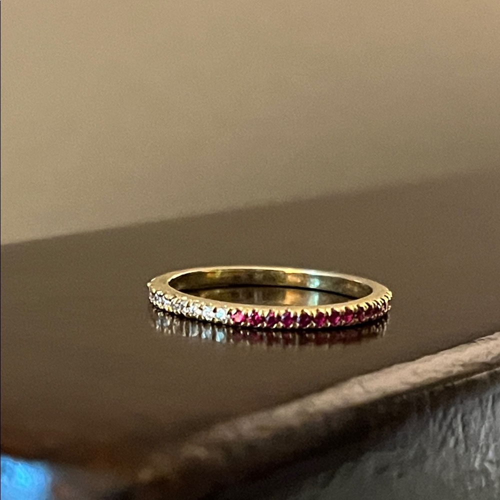 🥨TRADED🥨Gold Sterling Stacking Ring with 1/2 Ruby Zircon and 1/2  Diamond CZ